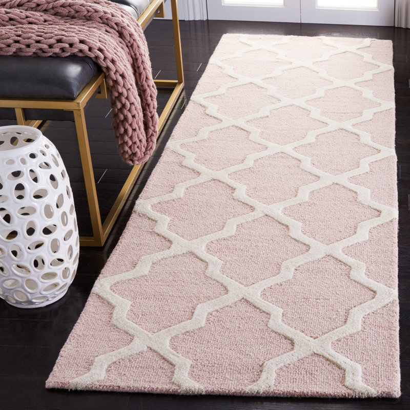 Cannen Hand Tufted Wool Geometric Rug, Runner 2'6" x 8', Ivory/Light Pink