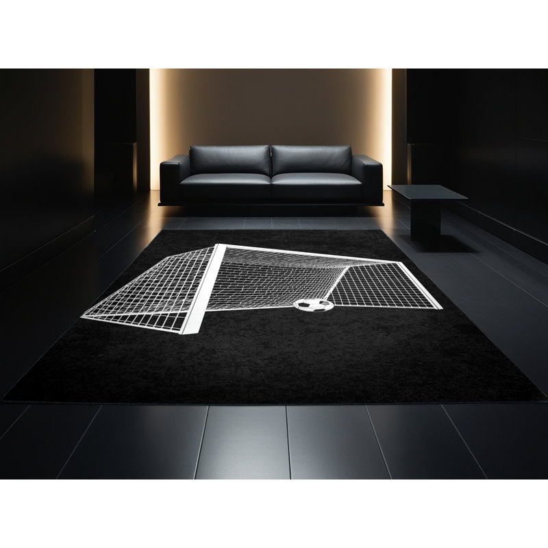 Tapis géométrique moderne et contemporain lavable à la machine à motif de buts de soccer en noir Auburndale, 3 x 5