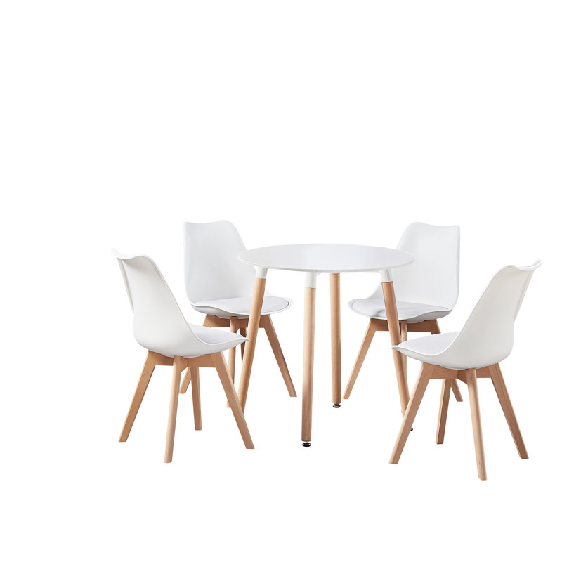 Christy 4 Person Dining set - a Round Plastic Dining Table with Wooden Legs and a Set of 4 Faux Leather Cushion Padded Dining Chairs for Dining Room - Modern Dining Table Set