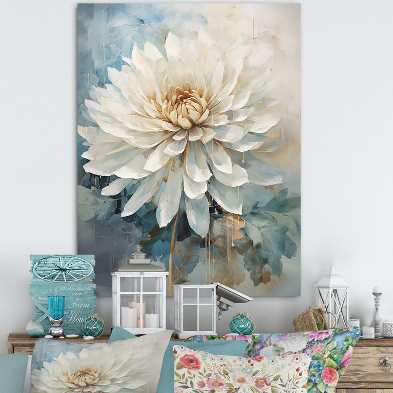 Simple dahlia beige et bleu III - imprimé, Toile tendue, H 44 po x l 34 po x P 1,5 po