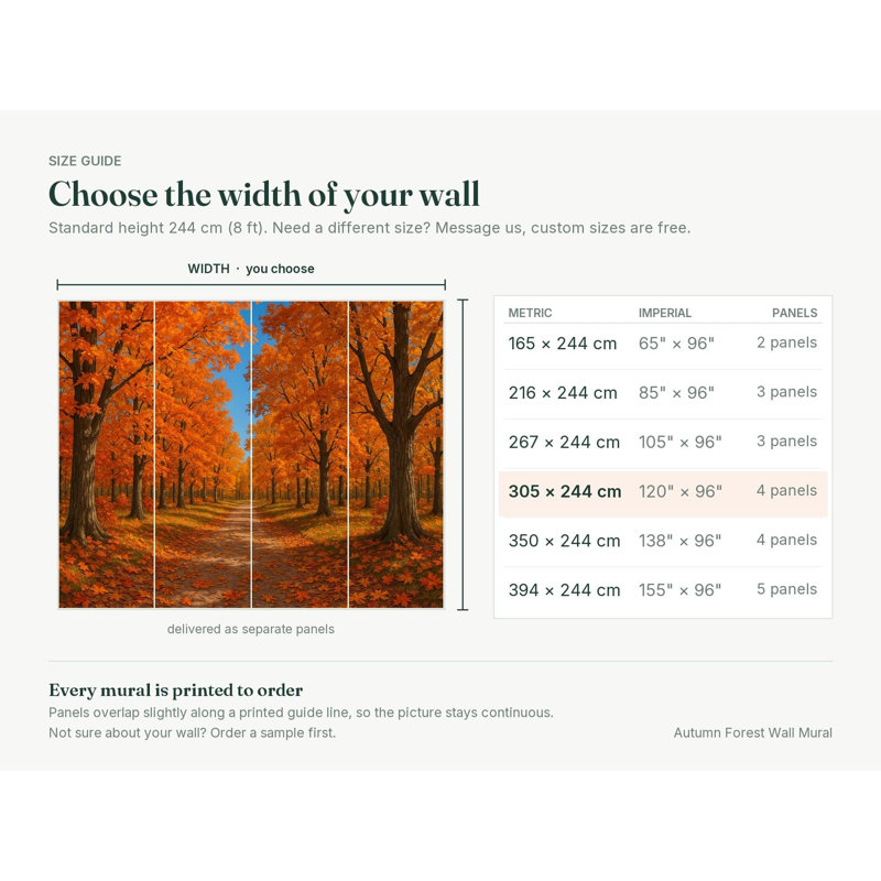 Autumn Forest Wall Mural, Peel and Stick Self Adhesive Wallpaper, Original Fall Woodland Path Artwork, Satin Finish Removable Wall Decor for Living Room and Bedroom, 65"W x 96"H