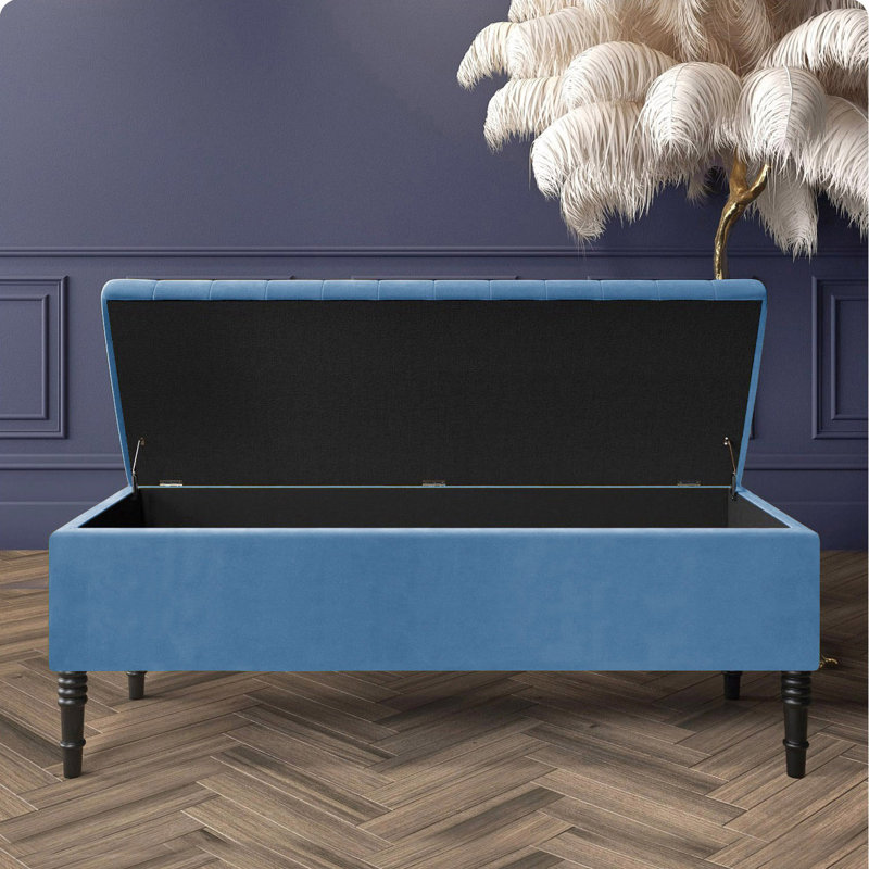Paris Striped Ottoman Storage Bench - Upholstered Plush Velvet Shoes Bench with Black Turned Wooden Legs, Duck Egg