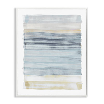 «Tranquil Blue Beige Stripes», peinture décontractée encadrée blanche, art texturé par Dan Meneely