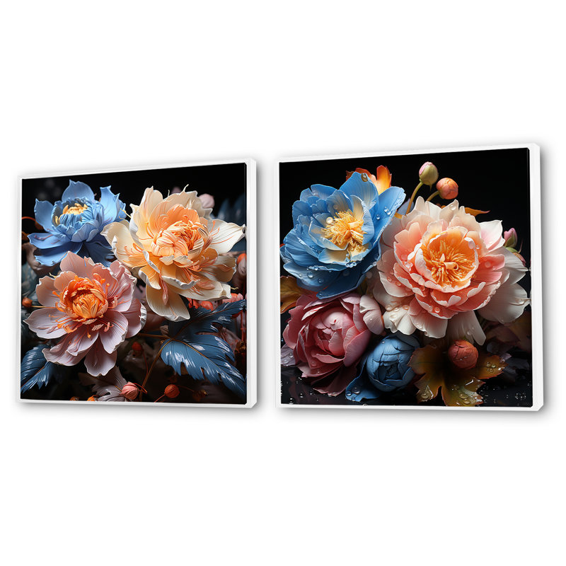 Nature morte bouquet de pivoines pêche et bleu - ensemble de 2 pivoines carrées, Cadre flottant noir, H 30 po x l 61 po