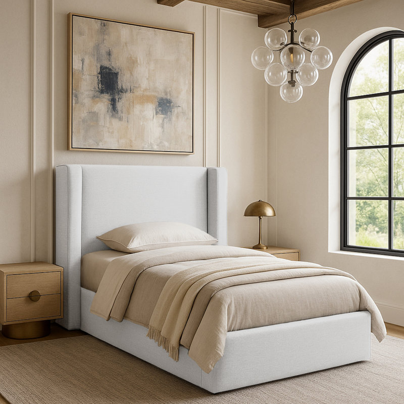 Kendall Wanaque Linen Textured Fabric Upholstered Bed, Twin, White Linen Textured Fabric