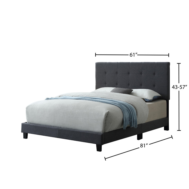 Lit plateforme ajustable rembourré avec tête de lit capitonnée à boutons, structure de lit moderne en lin et similicuir, gris, grand