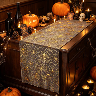 Halloween Decor 11x354 Inch Halloween Web Table Runner Black Sheer Table Runner With Gold Print Gothic Spooky Table Decor For Halloween Party Dinn
