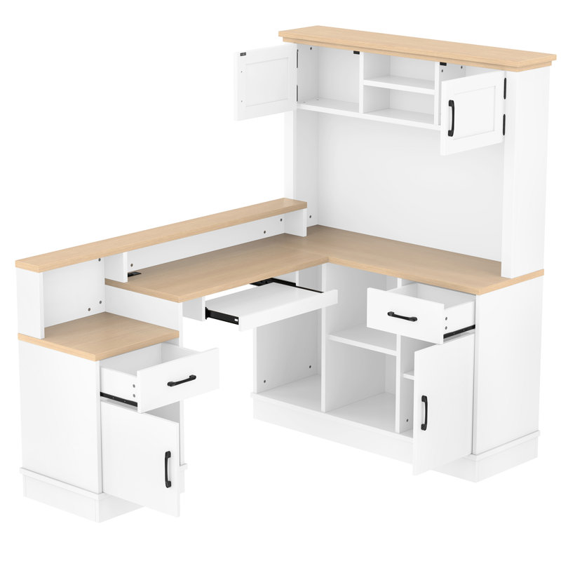 Bureau d'ordinateur en L avec prise de courant (sans la chaise), Naturel / Blanc