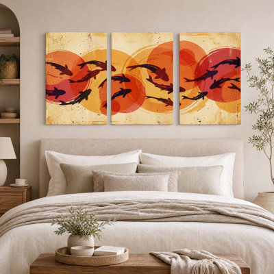 Black Koi Fish Silhouettes on Vintage Orange Circles Set Of 3 Canvas Wall Art