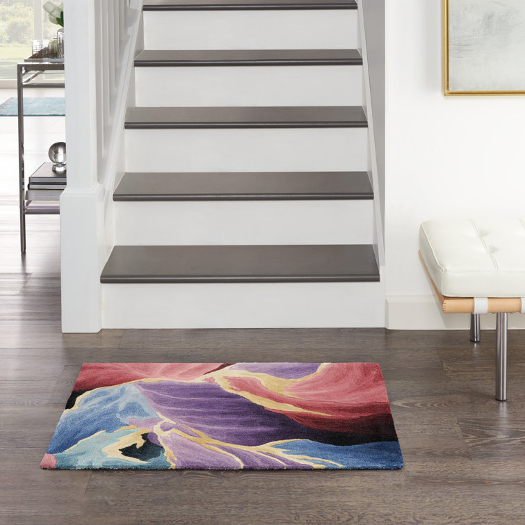 Tapis rouge / mauve / bleu en viscose touffeté à la main