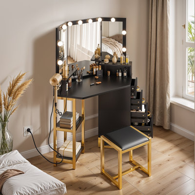Halide Vanity Desk with Tri-Fold Mirror, Adjustable LED Lights & Stool by Mercer41