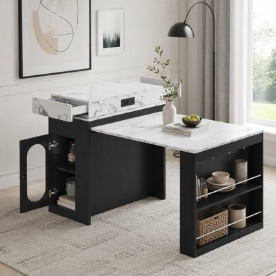 Extendable Dining Table with Folding Tabletop, Bar Table with Drawers and Power Outlet, Kitchen Island with Wheels and Hooks