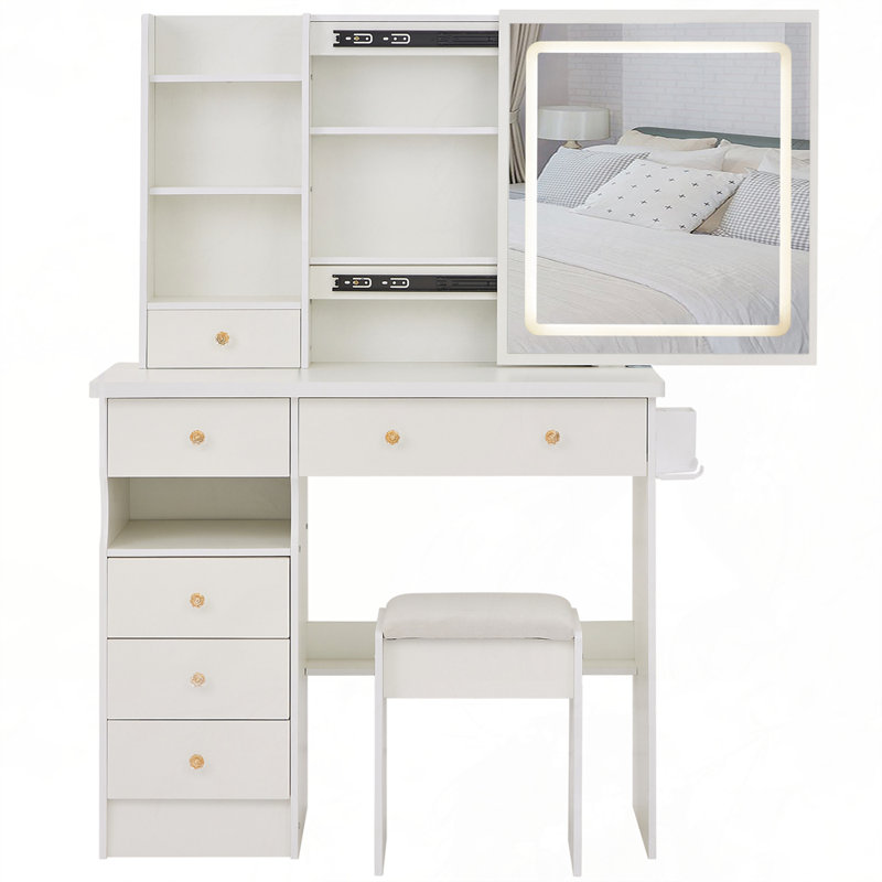 Ensemble de coiffeuse et tabouret de bureau avec support pour sèche-cheveux et 6 tiroirs, Blanc