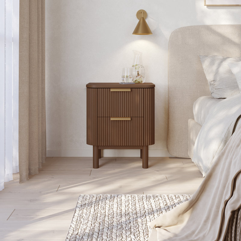 Table de chevet 2 tiroirs Nova Reeded, Bouleau brun
