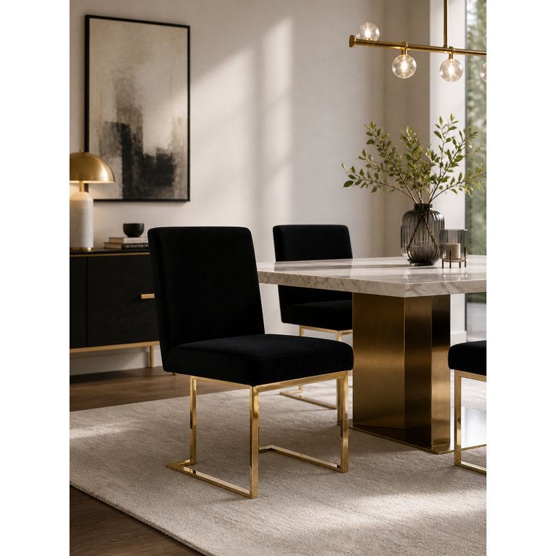 Pangea Home Dexter Upholstered Modern Velvet Dining Side Chair (Set of 2) – Upholstered Dining Chairs with Steel Legs, Luxurious Contemporary Kitchen & Dining Room Seating - Black Velvet with Gold Legs
