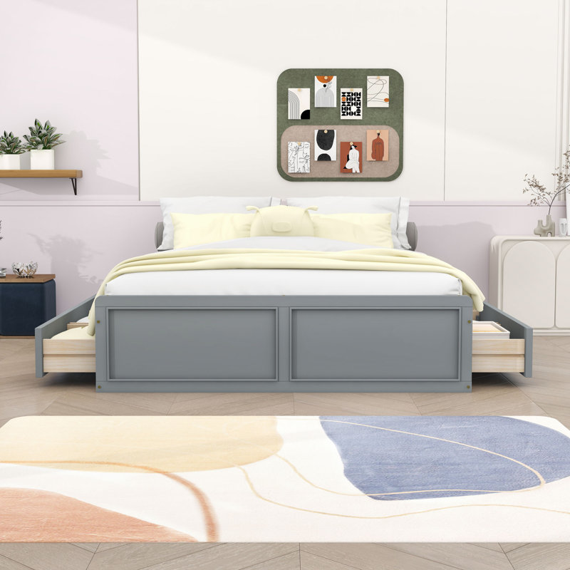 Grand lit plateforme en bois avec 6 tiroirs