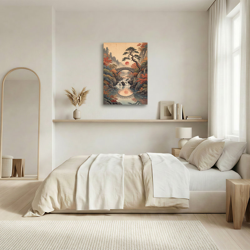 «Stone Arch Bridge Over Waterfall in Autumn Forest», art mural sur toile, H 36 po x l 24 po