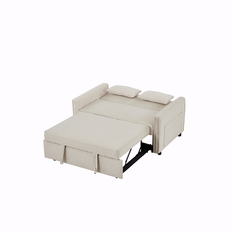 Indoor Contemporary Sofa Sleeper Sofa Bed With 2 Lumbar Pillows And Side Pocket For Home, Ivoire lin 1