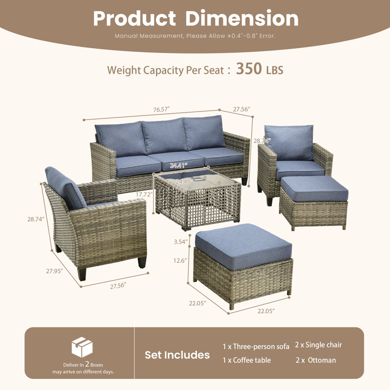 Ensemble de mobilier d'extérieur en osier de patio, ensemble de chaise d'invité en rotin 6 pièces, table basse avec lampe, ensemble de canapé résistant aux intempéries