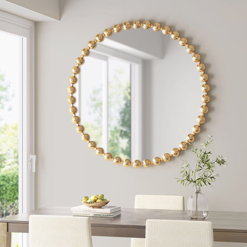 Miroir mural en métal avec détails perlés, 36 po x 36 po, Or