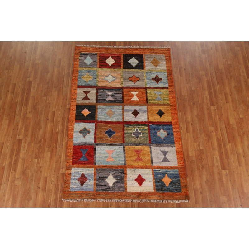 Tapis orange noué à la main de conception unique 5 pi 1 po x 8 pi 4 po