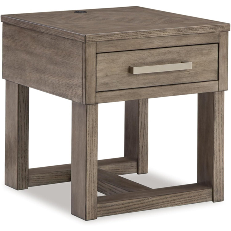 Transitional Brown and White Wood End Table with Storage and USB Charging