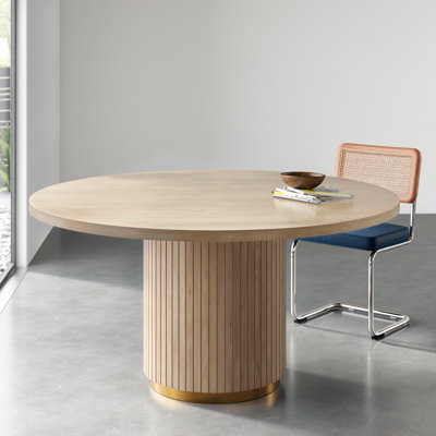 Caspian 59-inch Oak Finish Round Dining Table – Pedestal Base with Fluted Oak Veneer Column and Golden Iron Ring, Modern Wood Table for Kitchen or Dining Room, Seats 4-6