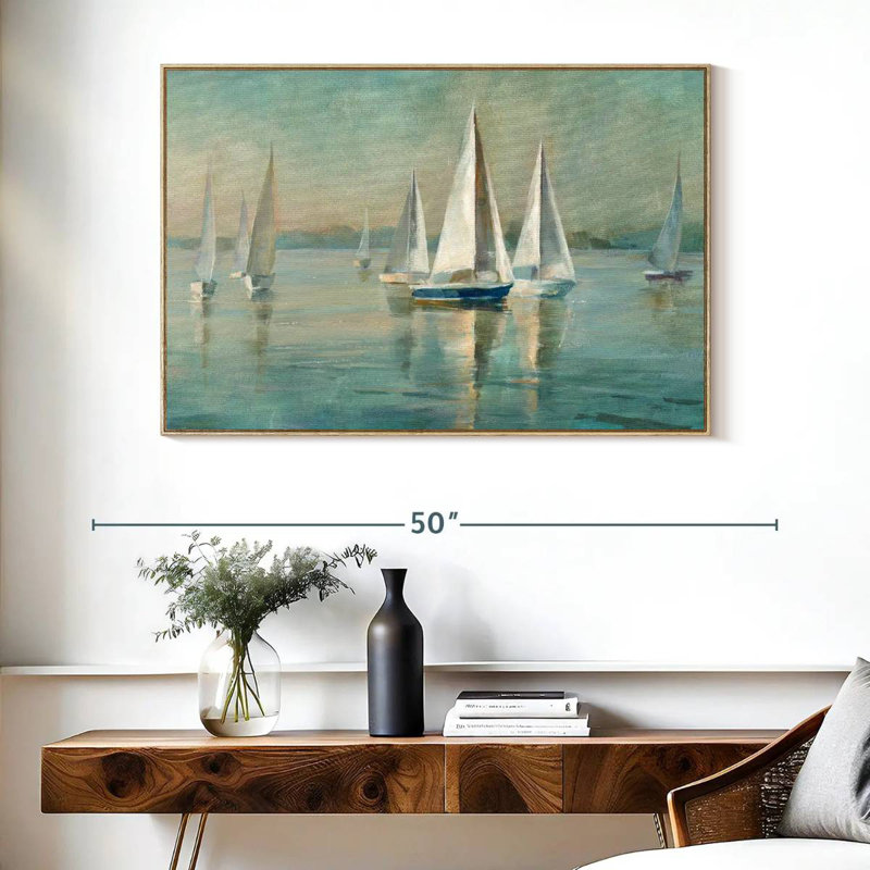 Voiliers au lever du soleil, Cadre flottant en bois naturel, 40 po x 27 po