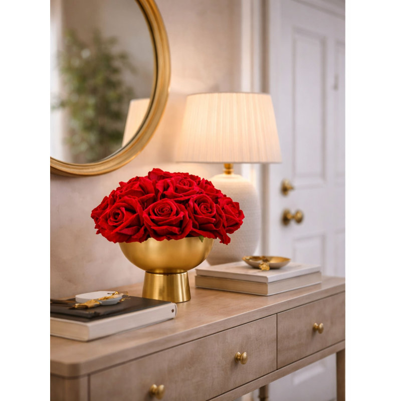 Faux Rose Arrangement in Gold Pot