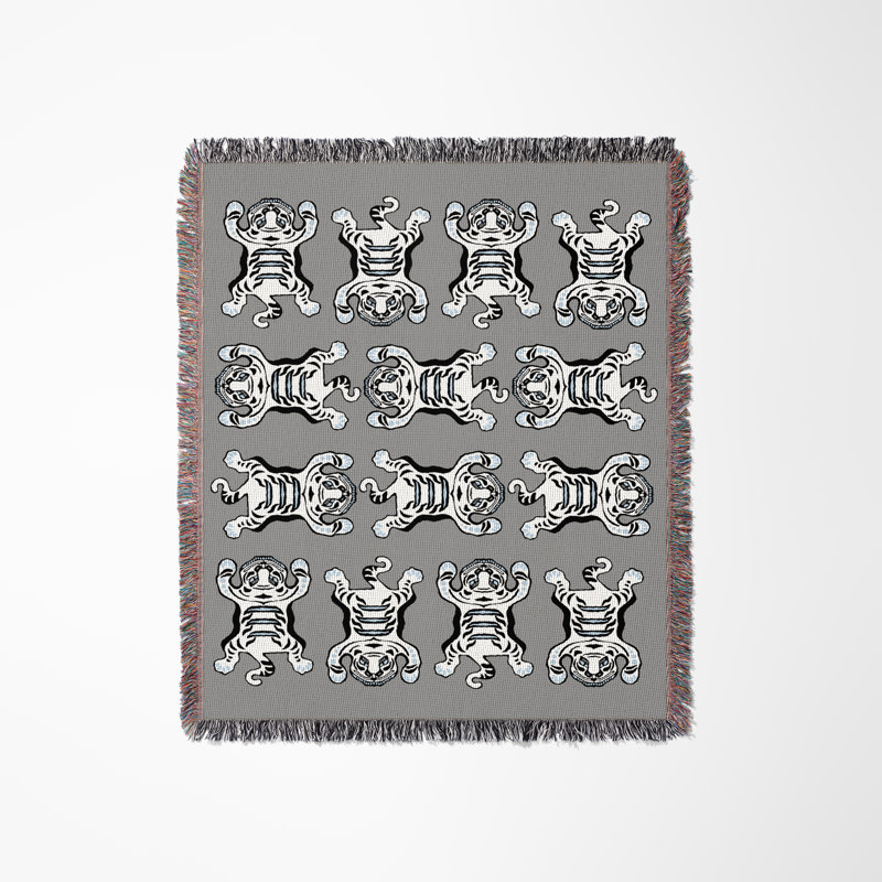 Jeté en mélange de coton Usha, L 70 po x l 50 po, Gris / Blanc cassé