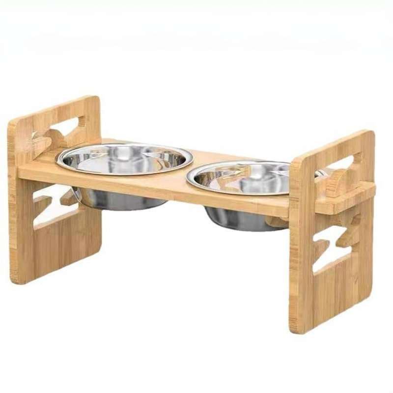 Support réglable en bambou pour animaux avec deux bols en acier inoxydable, support pour bol d'eau pour chat pour chien de petite et moyenne taille, protection anti-déversement pour animaux