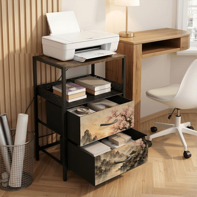 Table de chevet 2 tiroirs avec station de charge, table de chevet pour chambre avec ports USB et amp; Outlets, tablette ouverte noire, table de chevet avec paysage de cerisiers en fleurs chinois