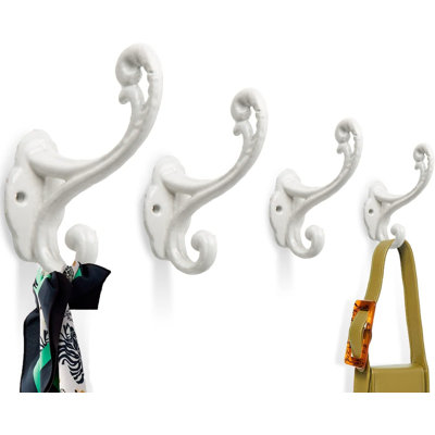 Crochets muraux rustiques en fonte blanche – Lot de 4 ; style de ferme vintage ; fixation murale ; vis et chevilles incluses