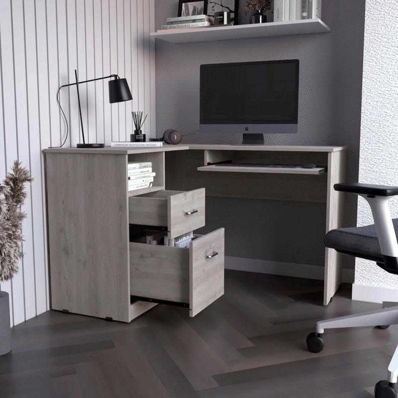 2-Drawer 1-Shelf L-Shaped Computer Desk(Desk), Light Oak
