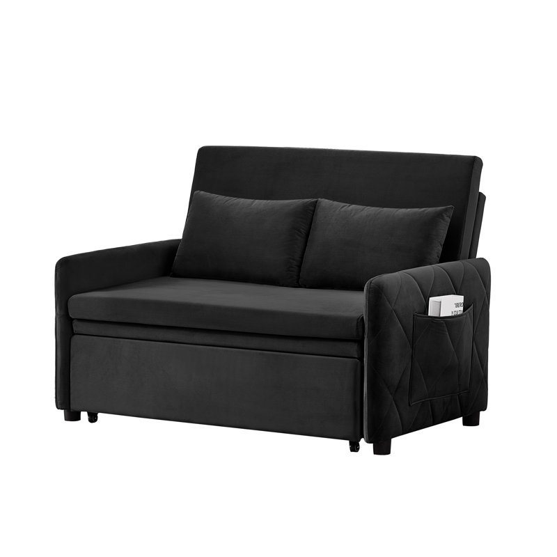 Velvet Sofa Bed with Two Pillows and Adjustable Backrest, Black Velvet