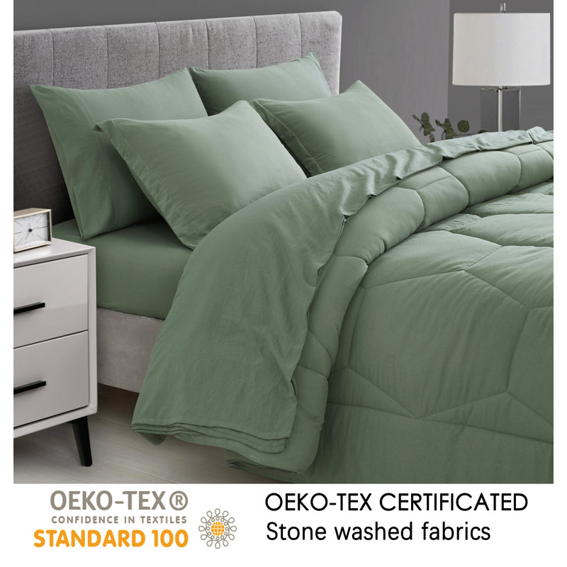 Sage Green Microfiber Full Bed-in-a-Bag Set with Hexagon Design