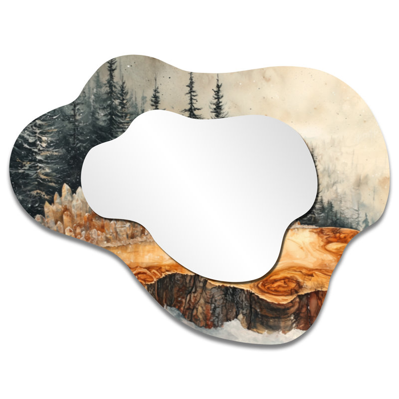 Grands cristaux d'énergie dans un paysage d'hiver I - miroir décoratif asymétrique à cristaux, miroir mural traditionnel irrégulier, imprimé sur métal