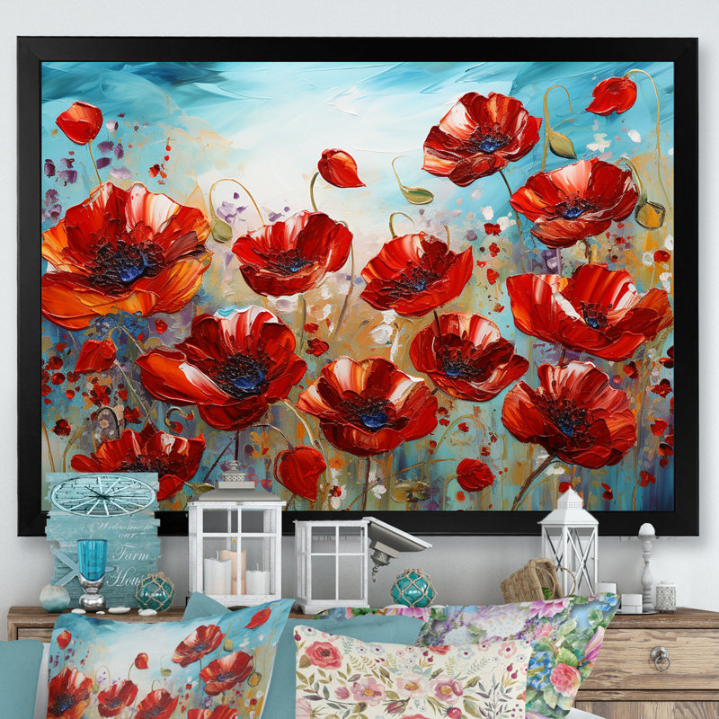 Coquelicots rouges en fleurs sur toile, H 16 po x l 32 po x P 1 po, Cadre simple noir