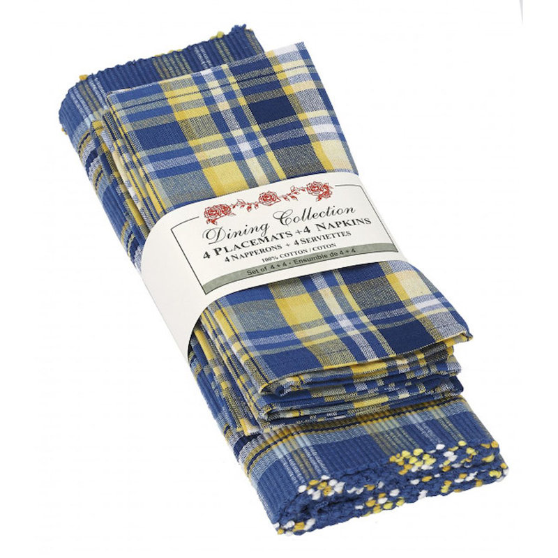 Plaid Rectangle Placemat And Napkin Set, Blue/Yellow/White
