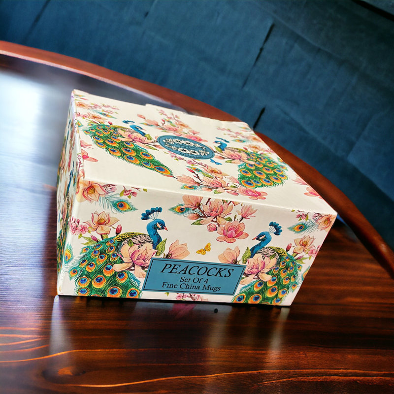 Modern Peacock Design Contemporary Brydan Mug Set of 4 Gift Box