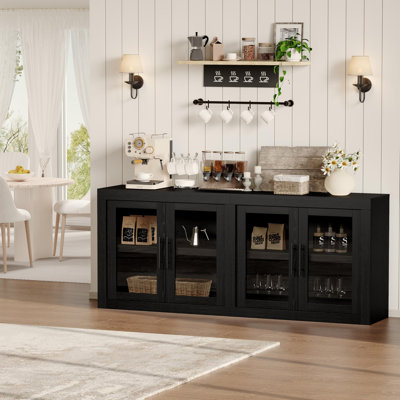 Mid-Century Modern Sideboard Buffet Cabinet, 71" Storage Credenza Coffee Bar/Media Console, Adjustable Shelves, 4 Tempered Glass Doors for Dining Room, Living Room, Kitchen 
﻿