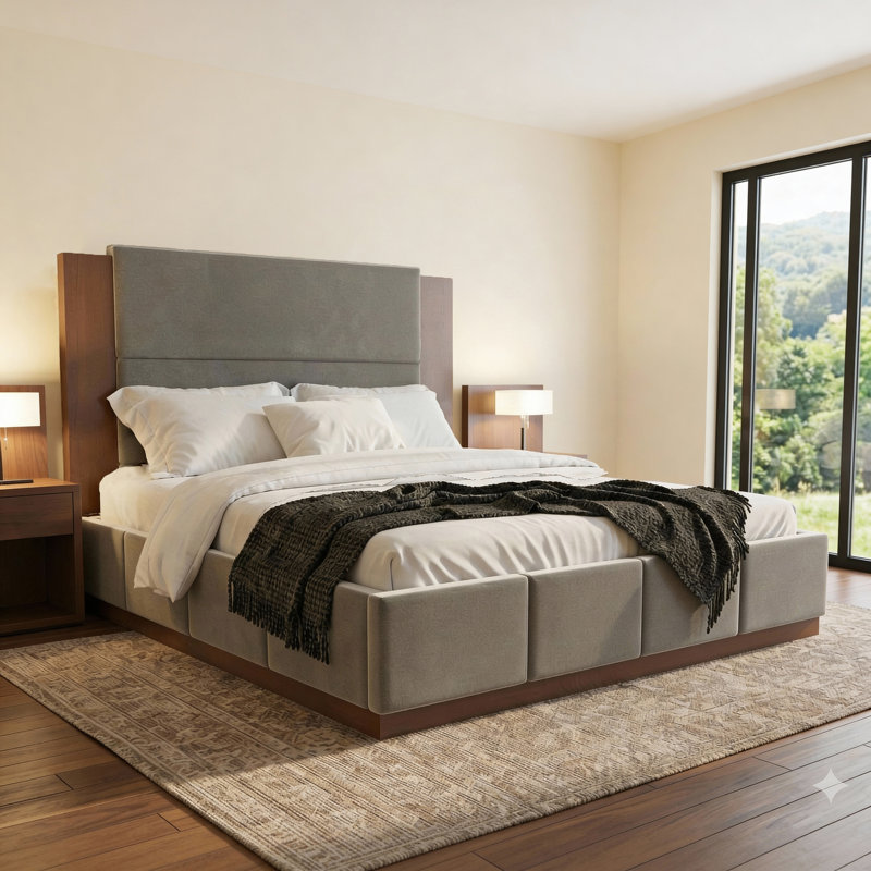 Lit plateforme tapissier en velours avec tête de lit en bois, Gris, Très grand lit
