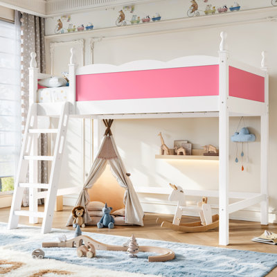 Twin Size Solid Wood Loft Bed with Full-Length Guardrails, Built-In Ladder & Spacious Under Bed Space, Kids Bedroom Bed, Pink and White