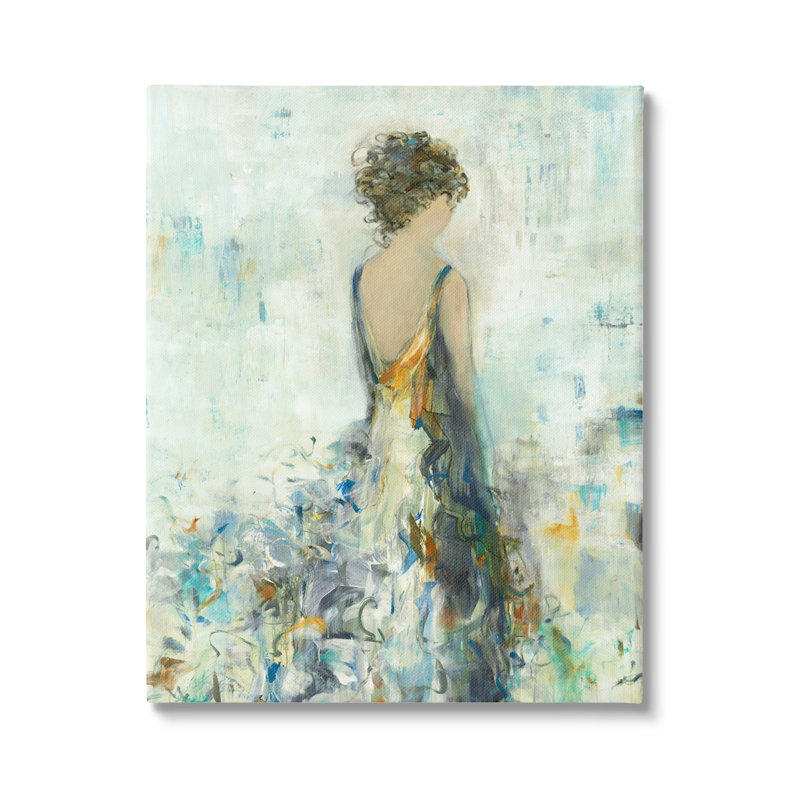 Femme abstraite, robe florale sur toile, H 20 po x l 16 po x P 1,5 po