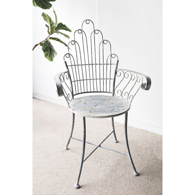 23x22x38 Inches Iron Accent Chair With Fan - Shaped , For Indoor And Outdoor Use, Comfortable Scrolled Arms, Round Seat, 100% Iron, Assembly Needed French Country Armchair, Inches, Distressed Silver