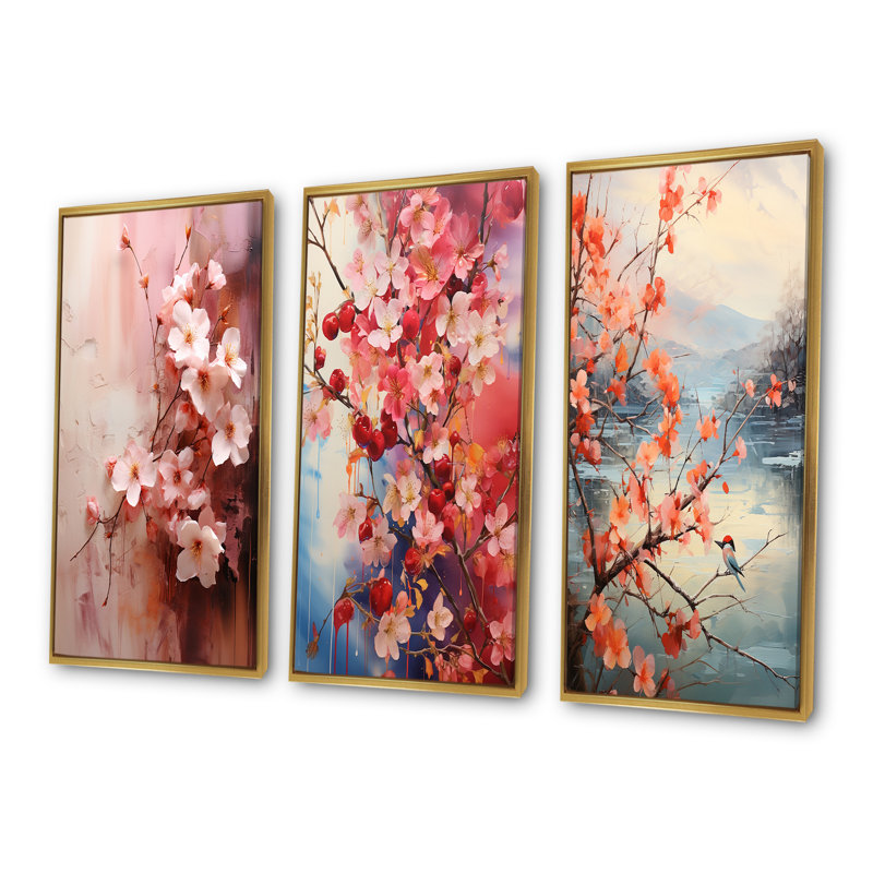 Été rose cerisier Blossums I - ensemble de salon art mural cerisier en fleurs, Cadre flottant doré, H 32 po x l 48 po