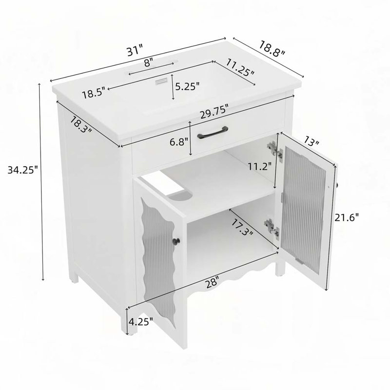 Meuble-lavabo 31 po avec verre trempé, Blanc