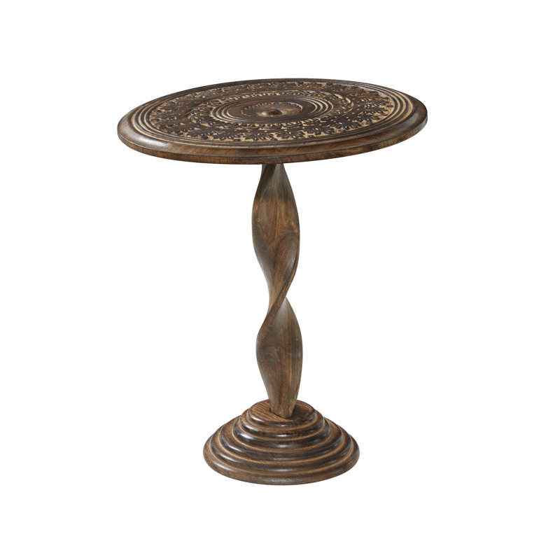 Brown Mango Wood Handmade Intricately Carved Floral Side End Accent Table with Spiral Leg and Elevate Base