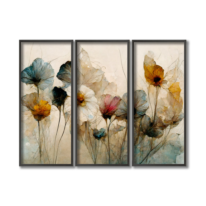 Nature Inspired Dry Flower Bouquet by Treechild - 3 Piece Picture Frame Print Set on Wood, 36" W x 24" H