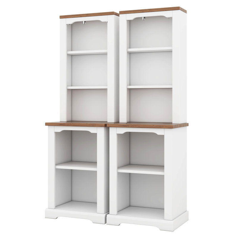 2-Piece Tall Freestanding Cabinet Set With Walnut Top, Open Storage, Display Bookcase With Anti-Tip Device, White